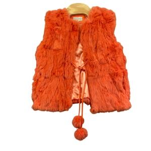 Carrie Allen Medium Orange Tie Front Rabbit Fur Vest Rare Retro Lined Polyester